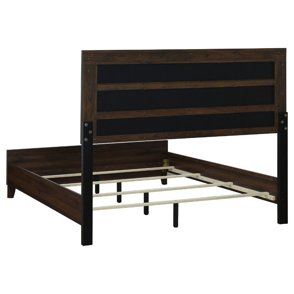 Yels 4 Piece Queen Bedroom Set | Gray Upholstery | Walnut Brown Wood