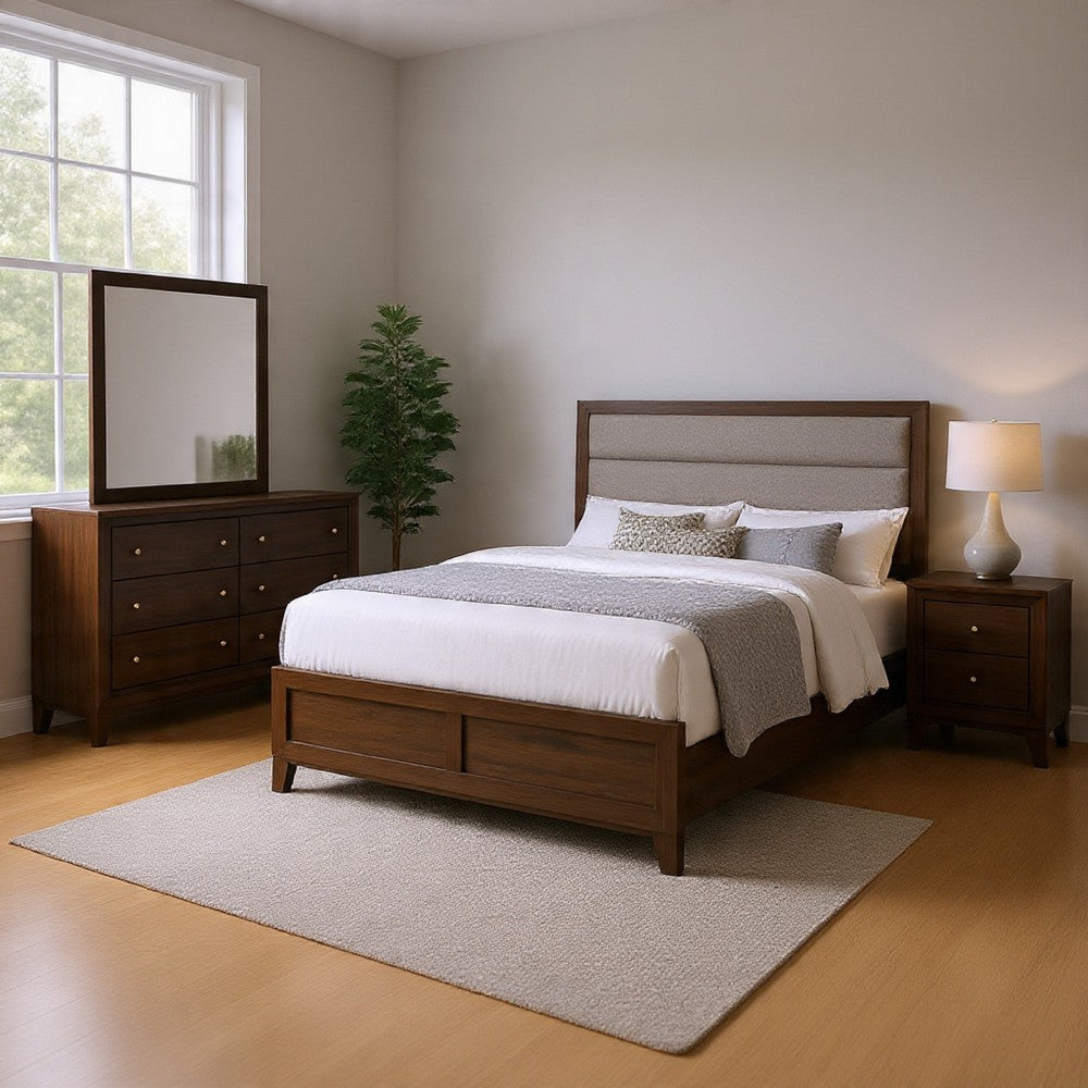 Yels 4 Piece Queen Bedroom Set | Gray Upholstery | Walnut Brown Wood