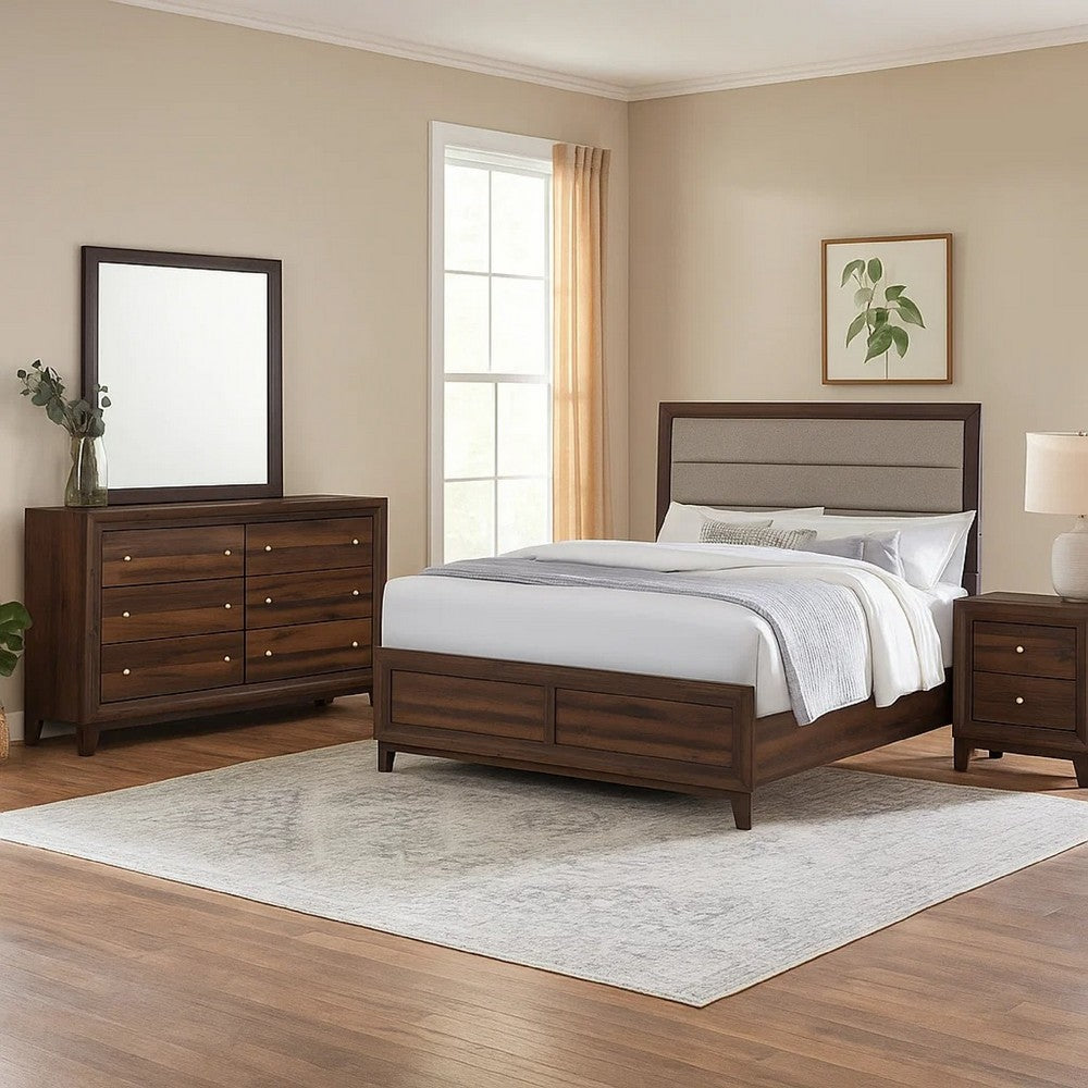 Yels 4 Piece Queen Bedroom Set | Gray Upholstery | Walnut Brown Wood