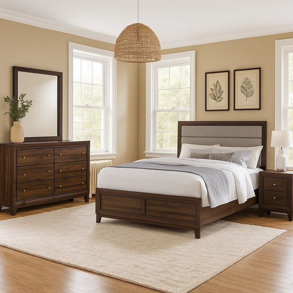 Yels 4 Piece Queen Bedroom Set | Gray Upholstery | Walnut Brown Wood