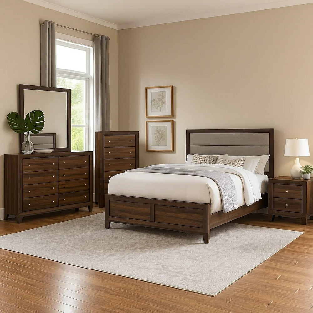Yels 5 Piece Queen Bedroom Set | Gray Upholstery | Walnut Brown Wood