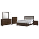 Yels 5 Piece Queen Bedroom Set | Gray Upholstery | Walnut Brown Wood