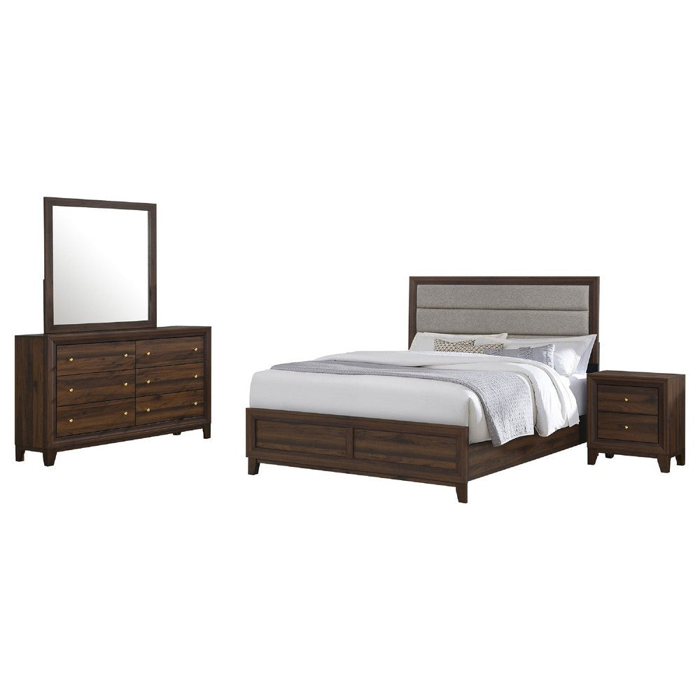 Yels 4 Piece King Bedroom Set | Gray Upholstery | Walnut Brown Wood