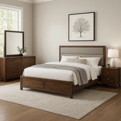 Yels 4 Piece King Bedroom Set | Gray Upholstery | Walnut Brown Wood