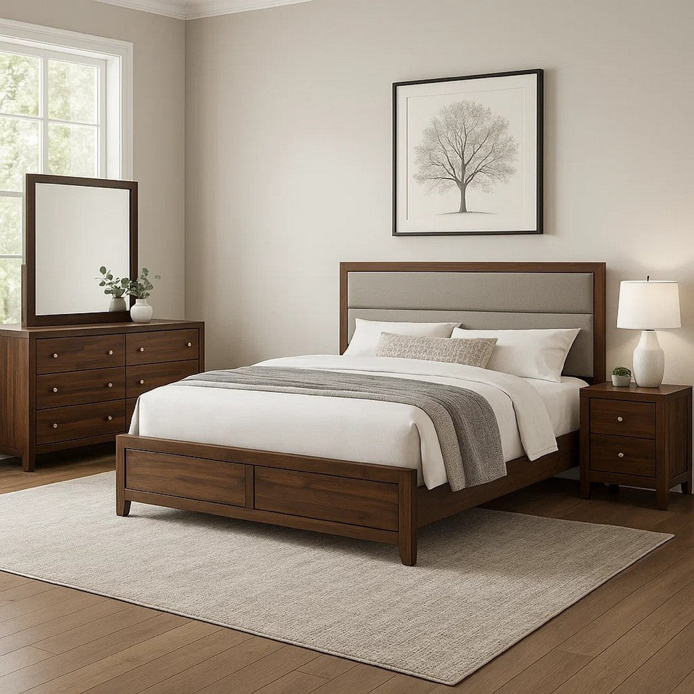 Yels 4 Piece King Bedroom Set | Gray Upholstery | Walnut Brown Wood