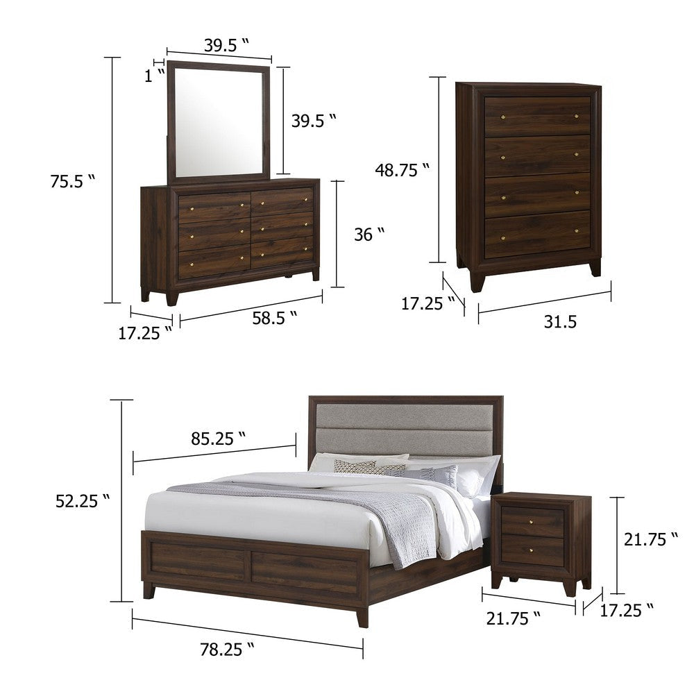 Yels 5 Piece King Bedroom Set | Gray Upholstery | Walnut Brown Wood BM340054