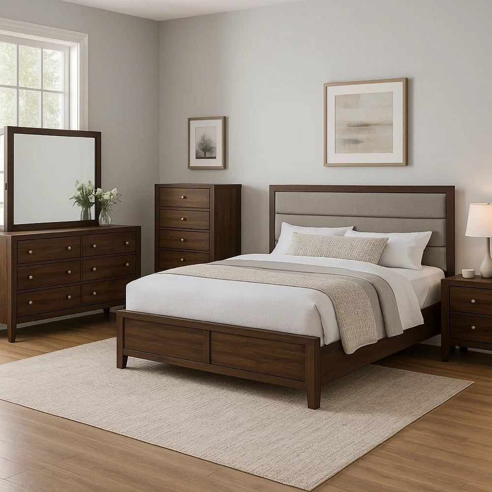 Yels 5 Piece King Bedroom Set | Gray Upholstery | Walnut Brown Wood