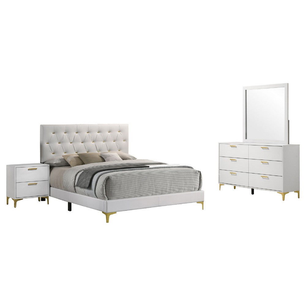 Dle 4pc Queen Bedroom Set | White Faux Leather | Modern Gold Accents