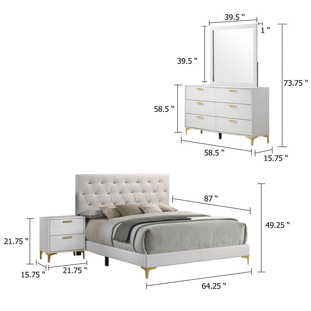 Dle 4pc Queen Bedroom Set | White Faux Leather | Modern Gold Accents