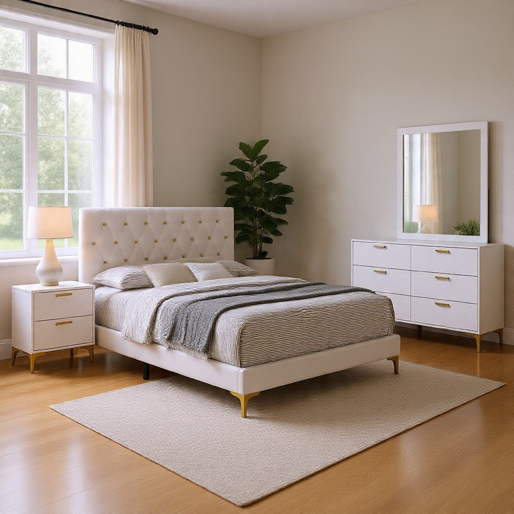 Dle 4pc Queen Bedroom Set | White Faux Leather | Modern Gold Accents