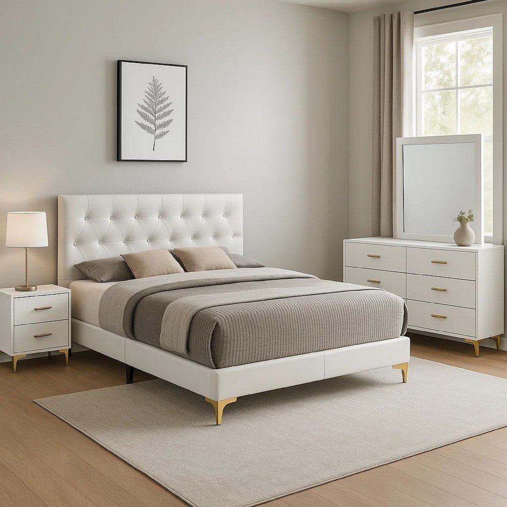 Dle 4pc Queen Bedroom Set | White Faux Leather | Modern Gold Accents BM340055