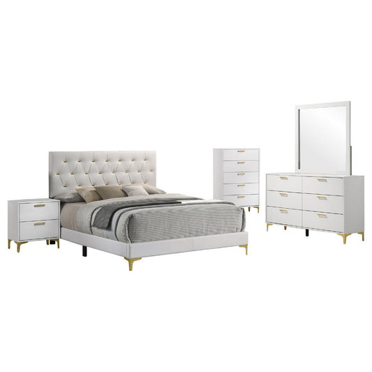 Dle 5pc Queen Bedroom Set | White Faux Leather | Modern Gold Accents