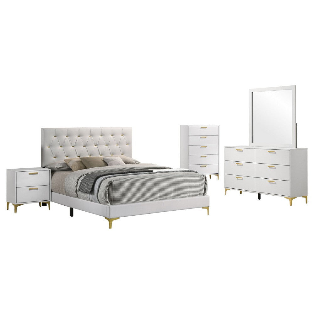 Dle 5pc Queen Bedroom Set | White Faux Leather | Modern Gold Accents