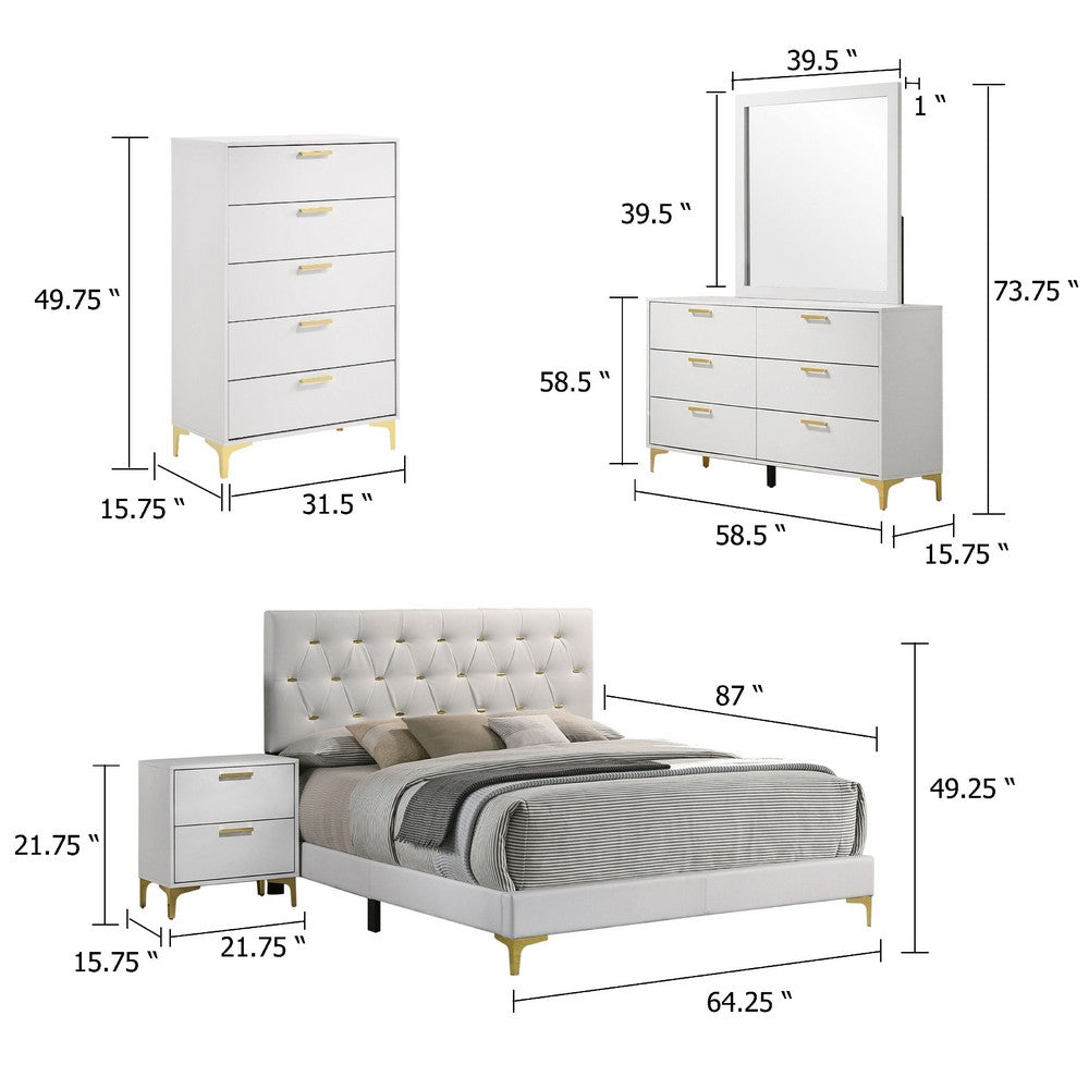 Dle 5pc Queen Bedroom Set | White Faux Leather | Modern Gold Accents