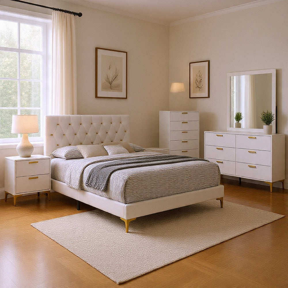 Dle 5pc Queen Bedroom Set | White Faux Leather | Modern Gold Accents