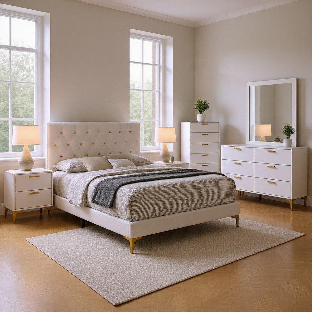 Dle 5pc Queen Bedroom Set | White Faux Leather | Modern Gold Accents