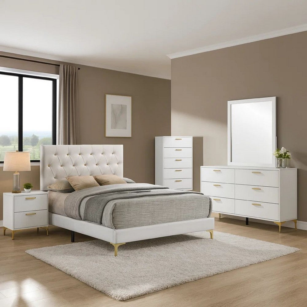 Dle 5pc Queen Bedroom Set | White Faux Leather | Modern Gold Accents