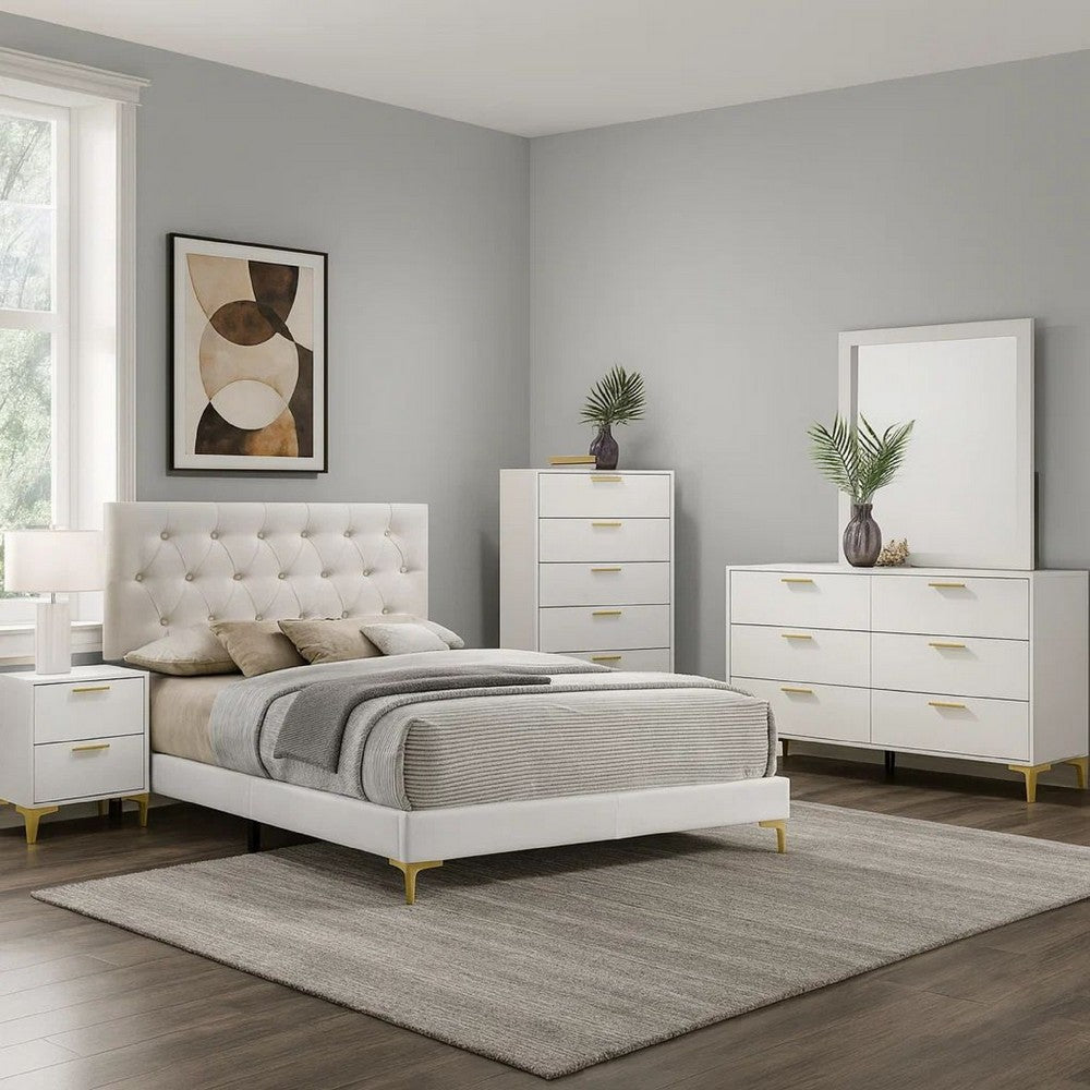 Dle 5pc Queen Bedroom Set | White Faux Leather | Modern Gold Accents