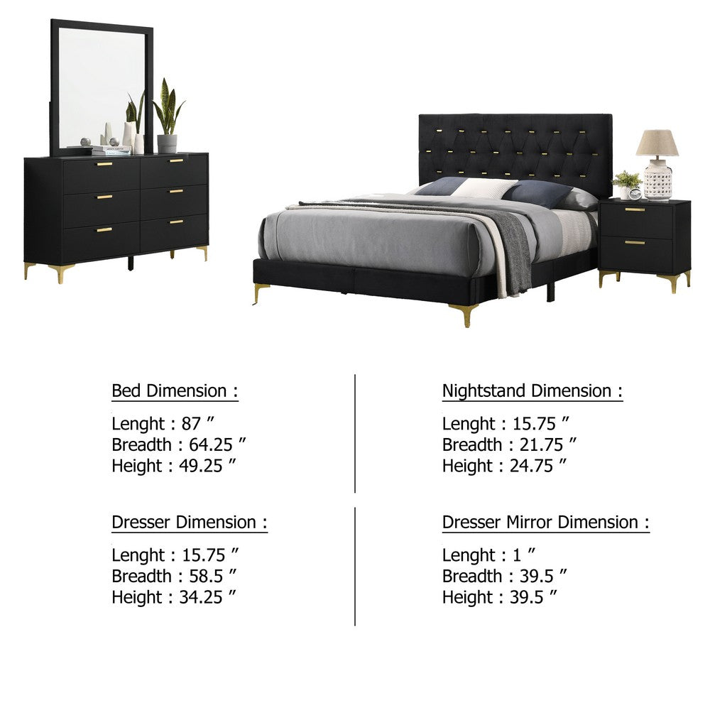 Dle 4pc Queen Bedroom Set | Tufted Black Velvet | Modern Gold Accent