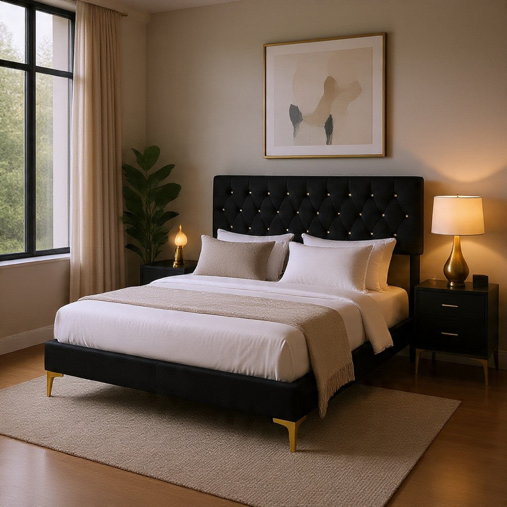 Dle 4pc Queen Bedroom Set | Tufted Black Velvet | Modern Gold Accent