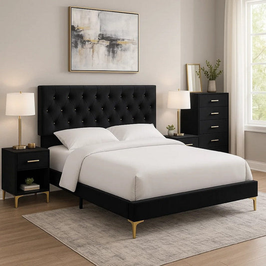 Dle 4pc Queen Bedroom Set | Tufted Black Velvet | Modern Gold Accent