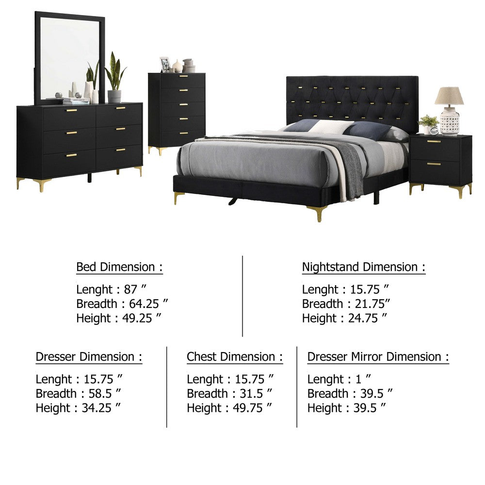 Dle 5pc Queen Bedroom Set | Tufted Black Velvet | Modern Gold Accent