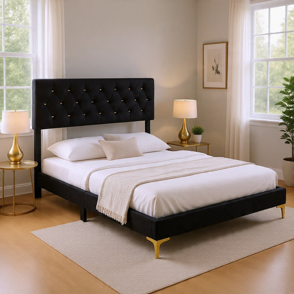 Dle 5pc Queen Bedroom Set | Tufted Black Velvet | Modern Gold Accent