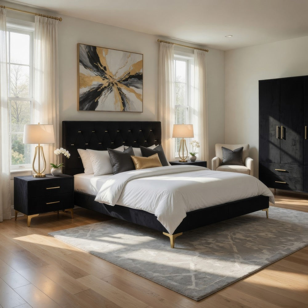 Dle 5pc Queen Bedroom Set | Tufted Black Velvet | Modern Gold Accent