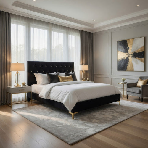 Dle 5pc Queen Bedroom Set | Tufted Black Velvet | Modern Gold Accent