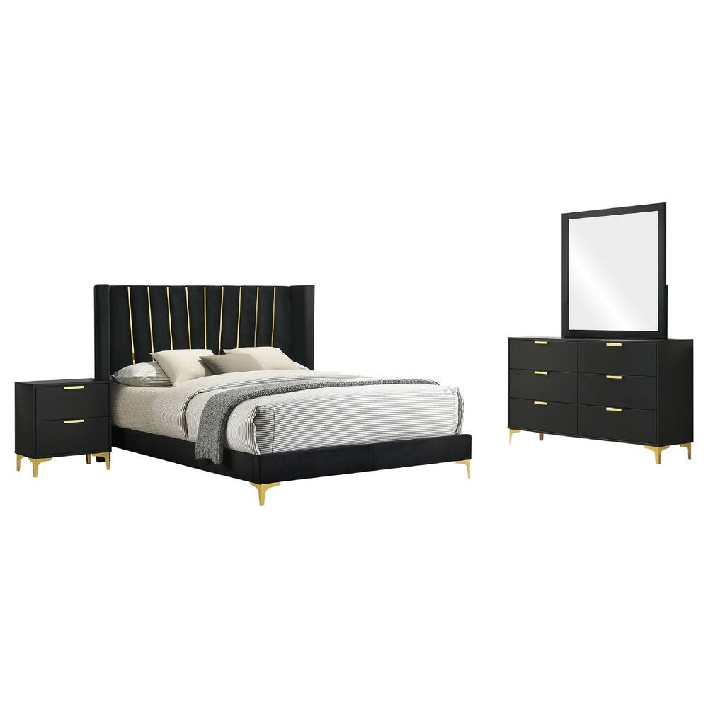 Dle 4pc Queen Bedroom Set | Black Velvet | Modern Gold Accents