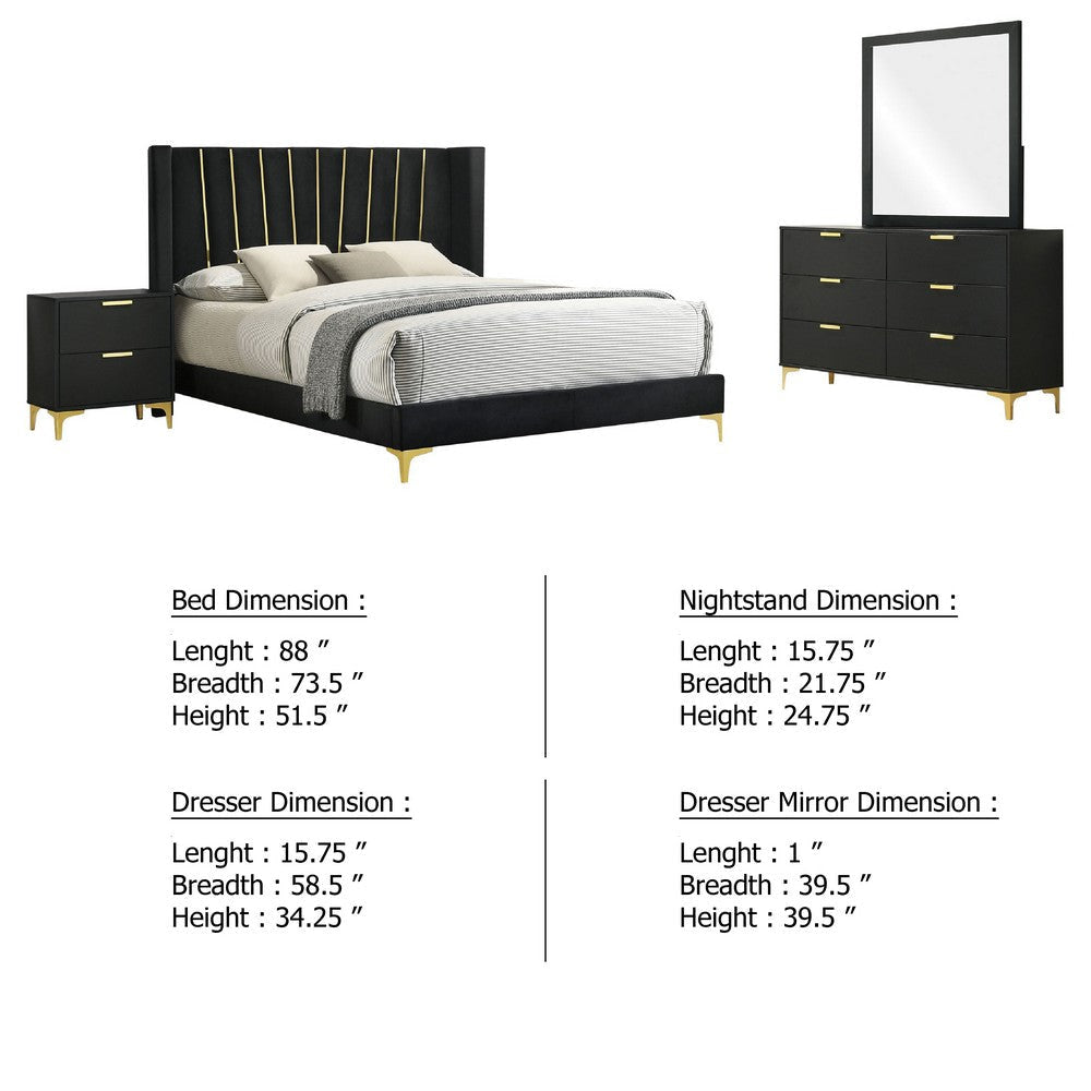 Dle 4pc Queen Bedroom Set | Black Velvet | Modern Gold Accents BM340067