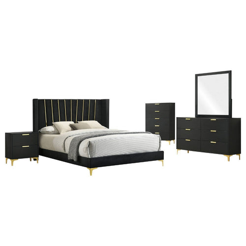 Dle 5pc King Bedroom Set | Black Velvet | Modern Gold Accents