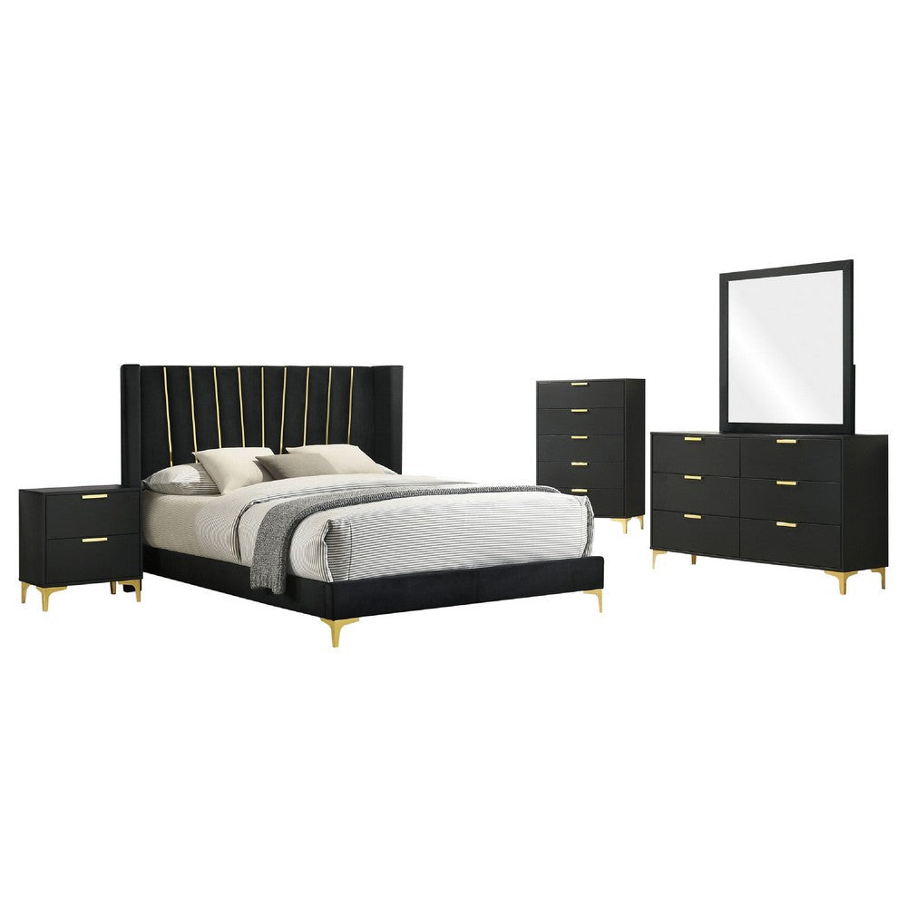 Dle 5pc King Bedroom Set | Black Velvet | Modern Gold Accents