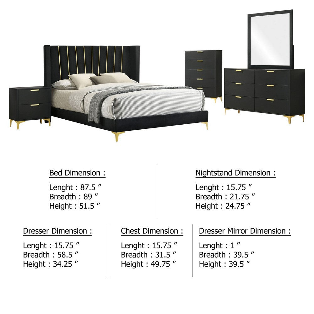 Dle 5pc King Bedroom Set | Black Velvet | Modern Gold Accents BM340070