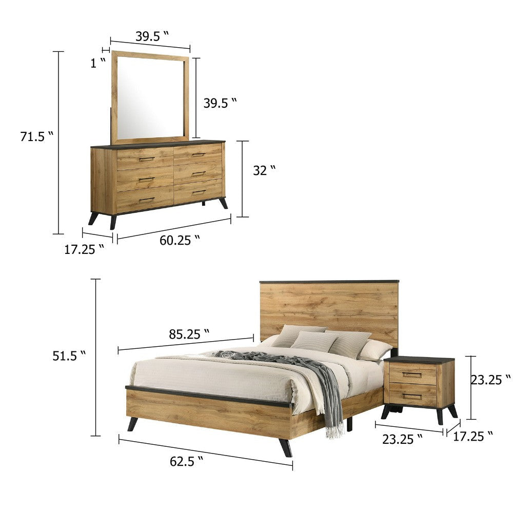 Wemy 4pc Queen Size Bed Set | Rustic Brown Pine Wood | Tapered Legs BM340071