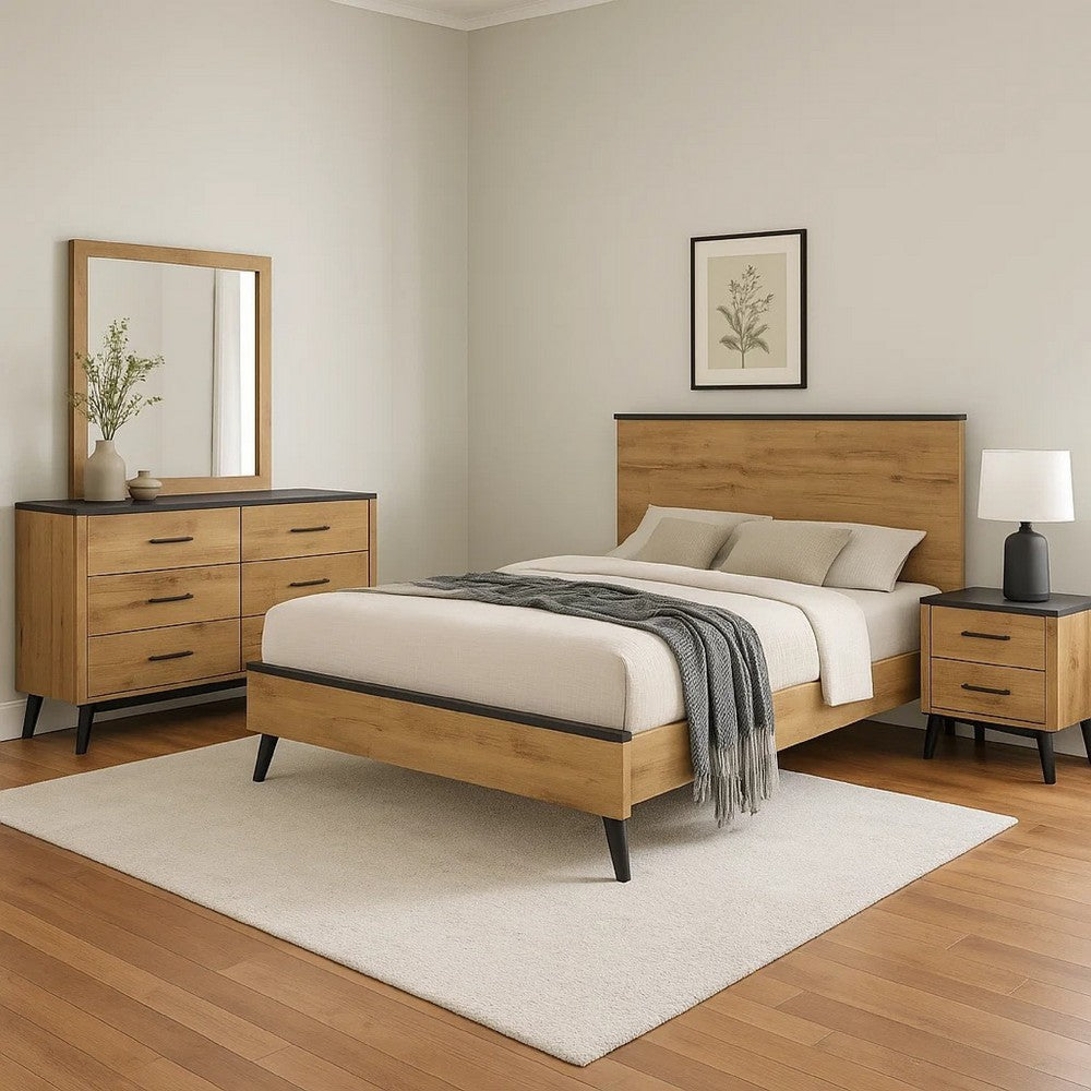 Wemy 4pc Queen Size Bed Set | Rustic Brown Pine Wood | Tapered Legs BM340071