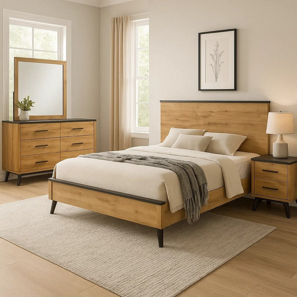 Wemy 4pc Queen Size Bed Set | Rustic Brown Pine Wood | Tapered Legs