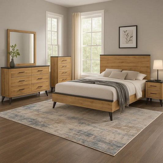 Wemy 5pc Queen Size Bed Set | Rustic Brown Pine Wood| Tapered Legs