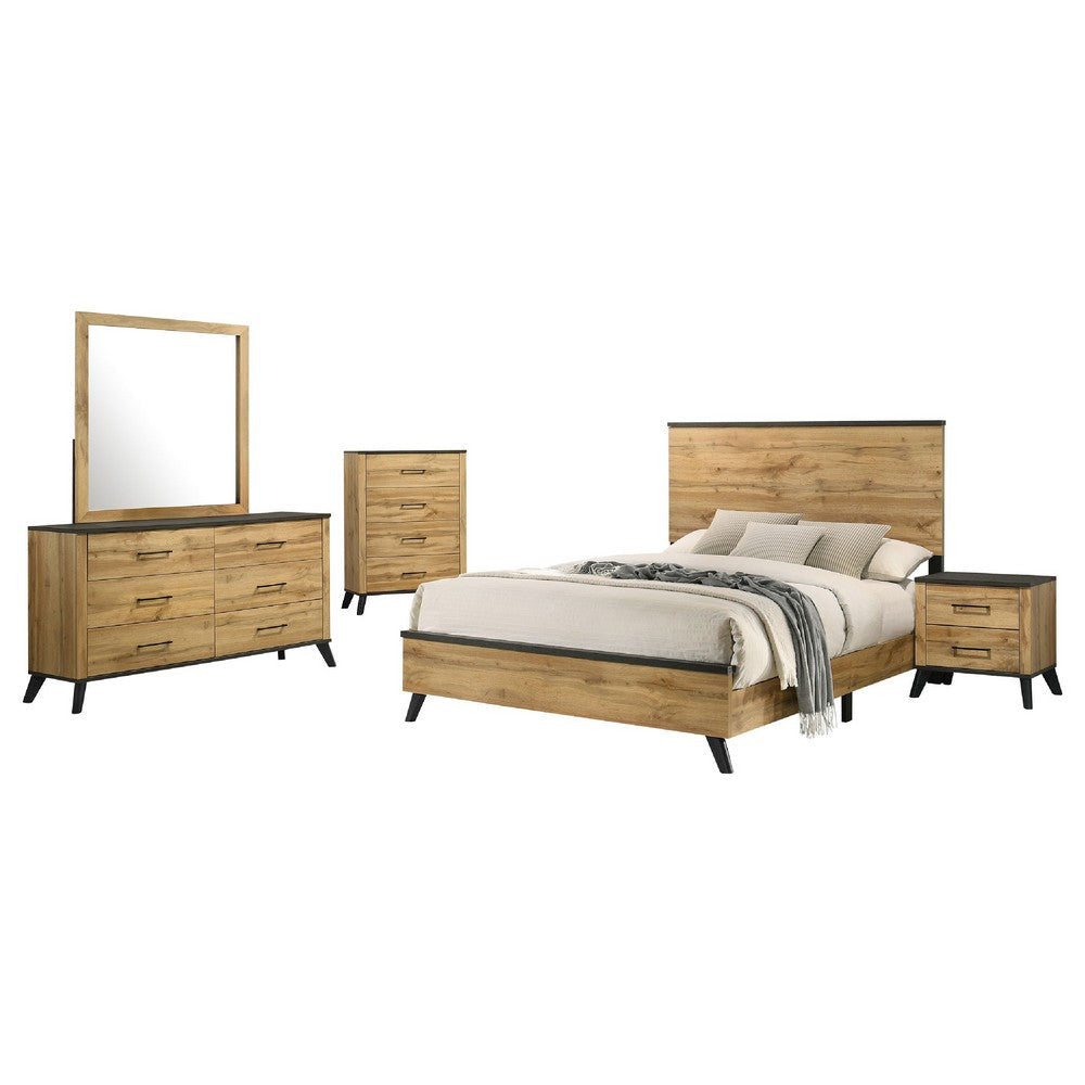Wemy 5pc Queen Size Bed Set | Rustic Brown Pine Wood| Tapered Legs
