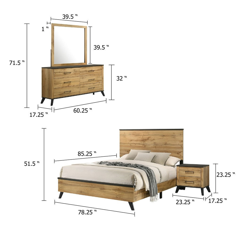 Wemy 4 Piece King Bed Set | Rustic Brown Pine Wood| Tapered Legs BM340073