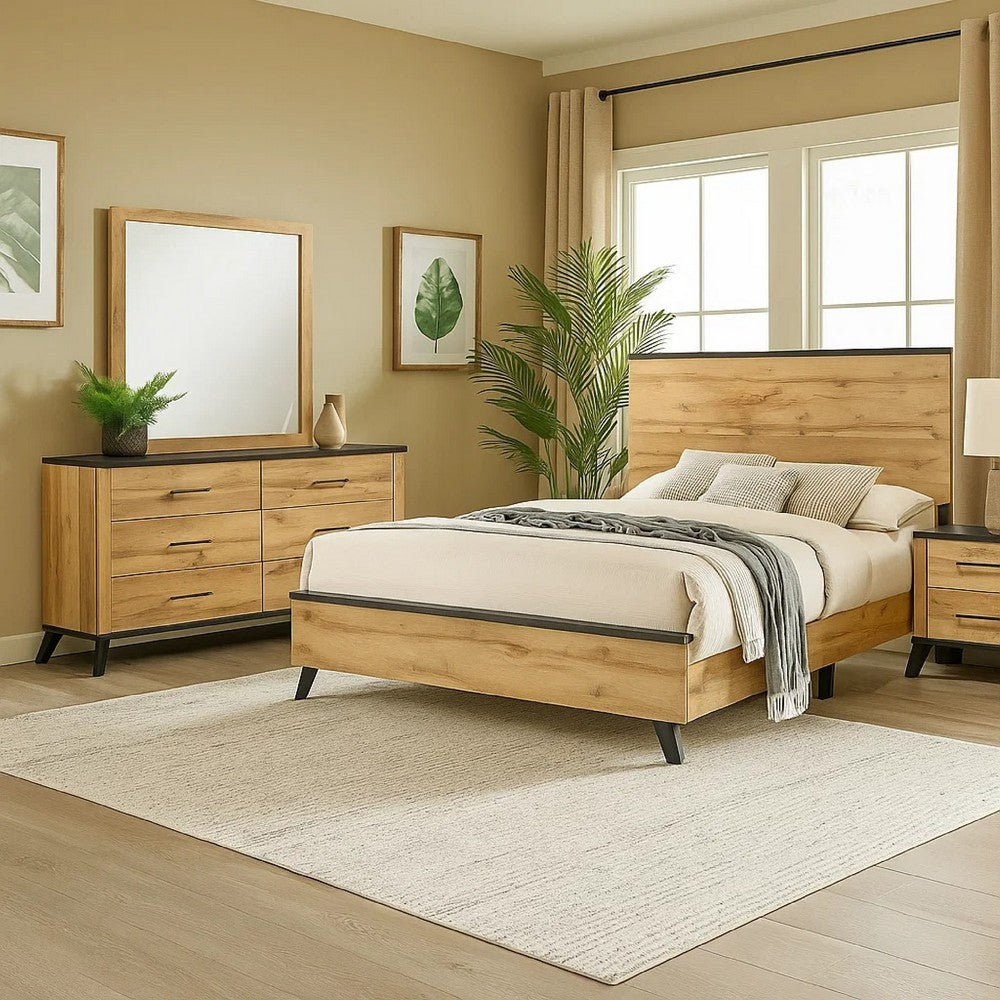 Wemy 4 Piece King Bed Set | Rustic Brown Pine Wood| Tapered Legs