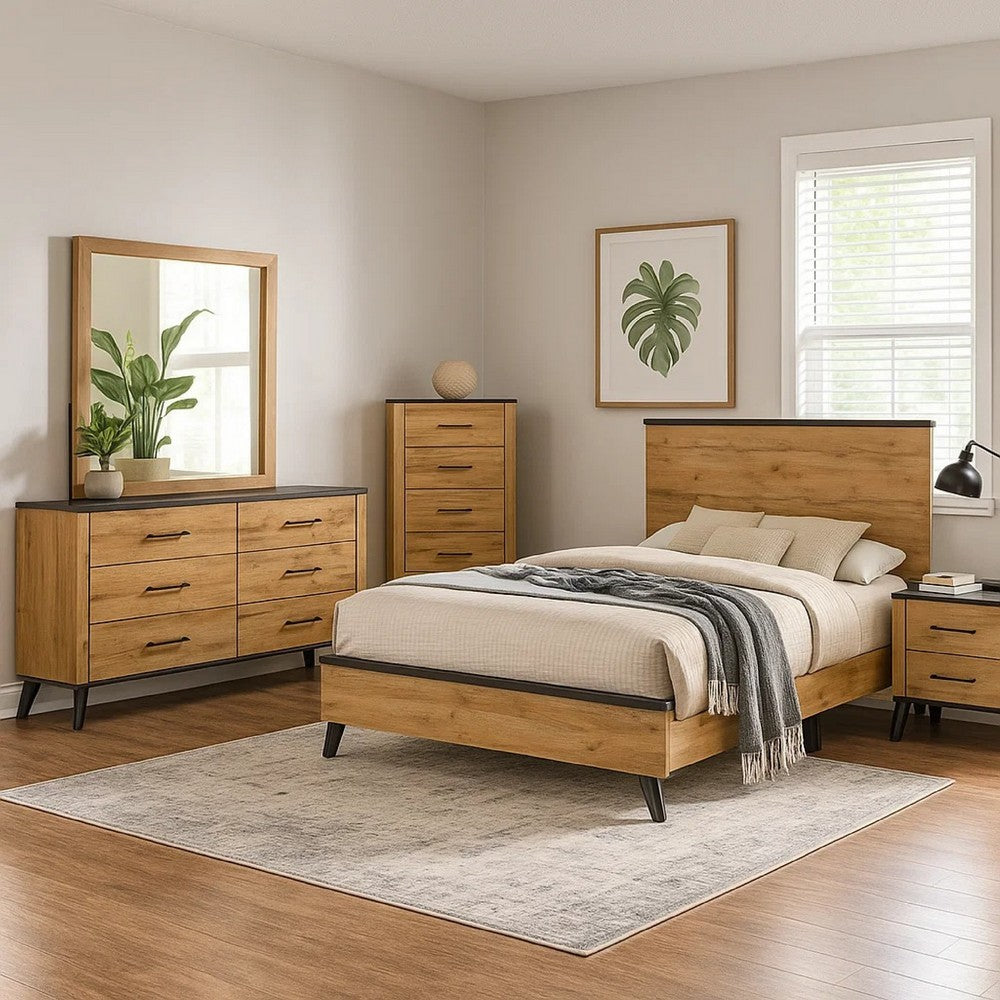Wemy 5 Piece King Bed Set | Rustic Brown Pine Wood | Tapered Legs