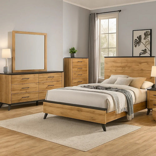 Wemy 5 Piece King Bed Set | Rustic Brown Pine Wood | Tapered Legs