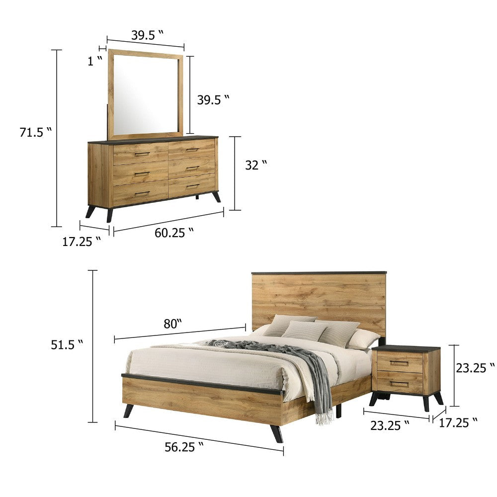 Wemy 4 Piece Full Bed Set | Rustic Brown Pine Wood| Tapered Legs BM340075