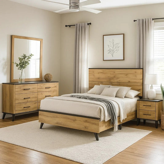 Wemy 4 Piece Full Bed Set | Rustic Brown Pine Wood| Tapered Legs