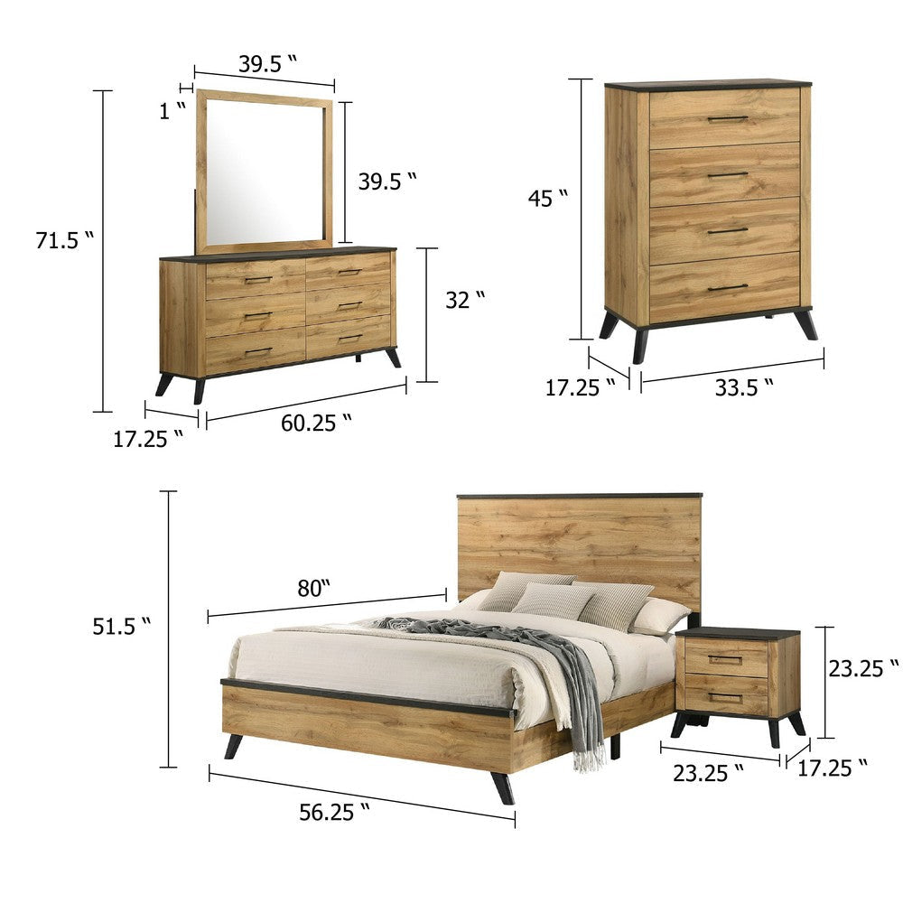 Wemy 5 Piece Full Bed Set | Rustic Brown Pine Wood | Tapered Legs BM340076