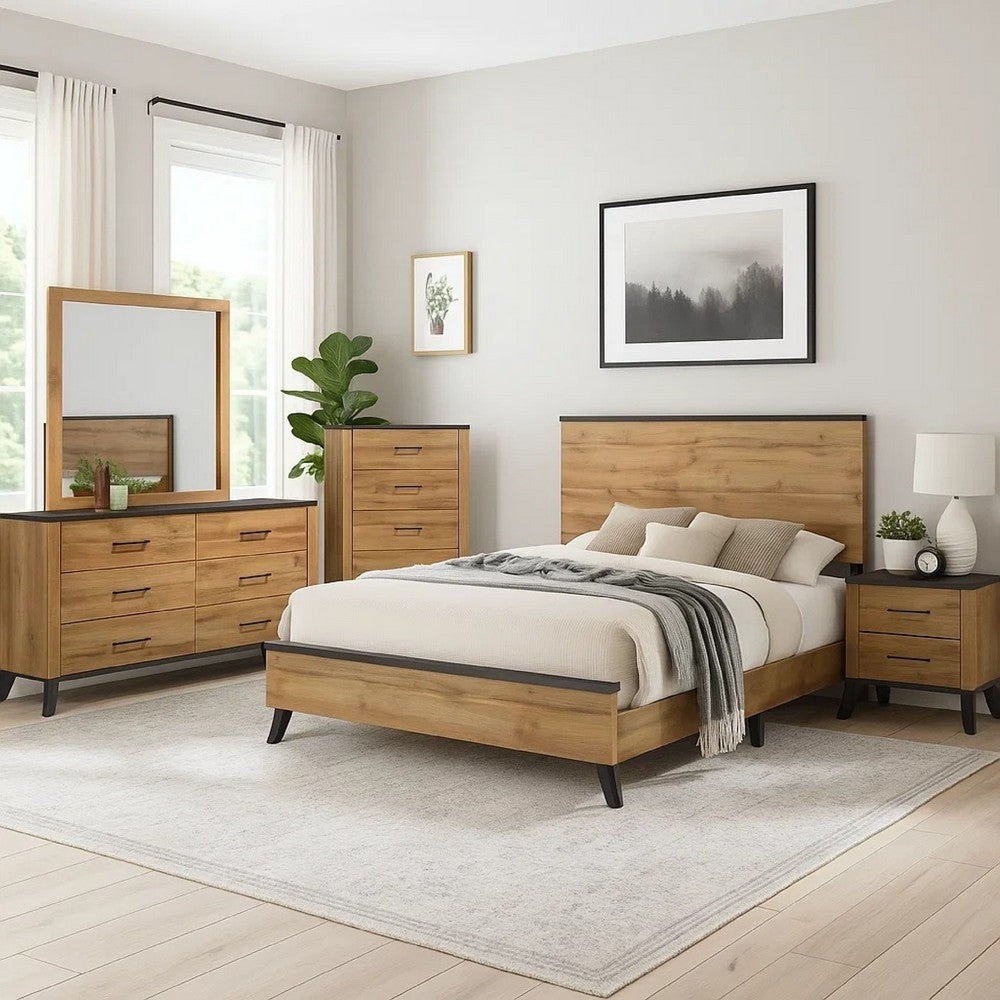 Wemy 5 Piece Full Bed Set | Rustic Brown Pine Wood | Tapered Legs