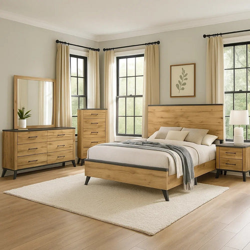 Wemy 5 Piece Full Bed Set | Rustic Brown Pine Wood | Tapered Legs