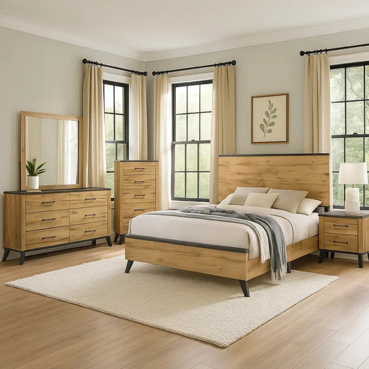 Wemy 5 Piece Full Bed Set | Rustic Brown Pine Wood | Tapered Legs