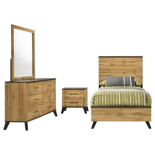Wemy 4 Piece Twin Bed Set | Rustic Brown Pine Wood | Tapered Legs